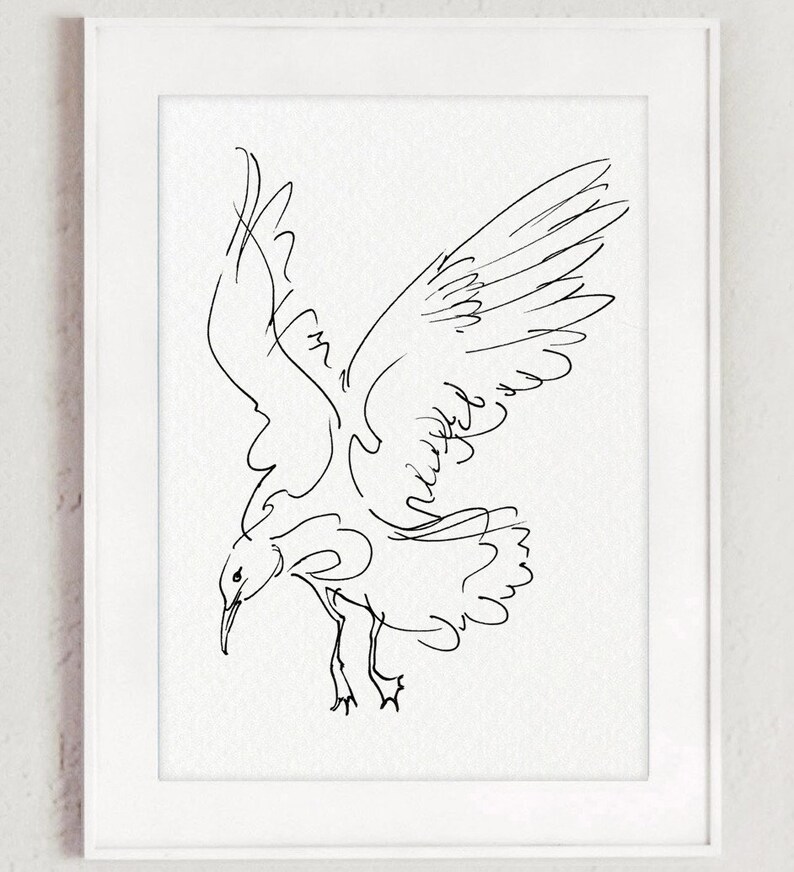 May include: A framed black and white line drawing of a seagull in flight. The bird is depicted with outstretched wings and a downward gaze, captured in a minimalist style. The artwork is set against a white background.