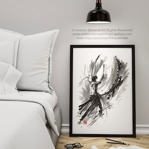 Taiko Drum Painting, Taiko Drums Art Print, Japanese Drummer Gift Idea Ink Painting, Black and White Samurai Poster, Drumsticks, Drum Sticks