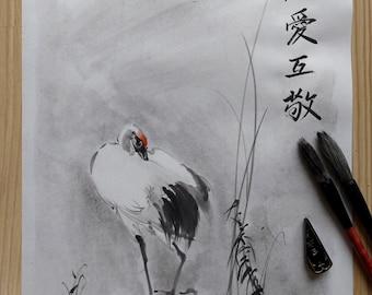 Red-Crowned Crane in Mist — Original Sumi-e Ink Painting on Rice Paper