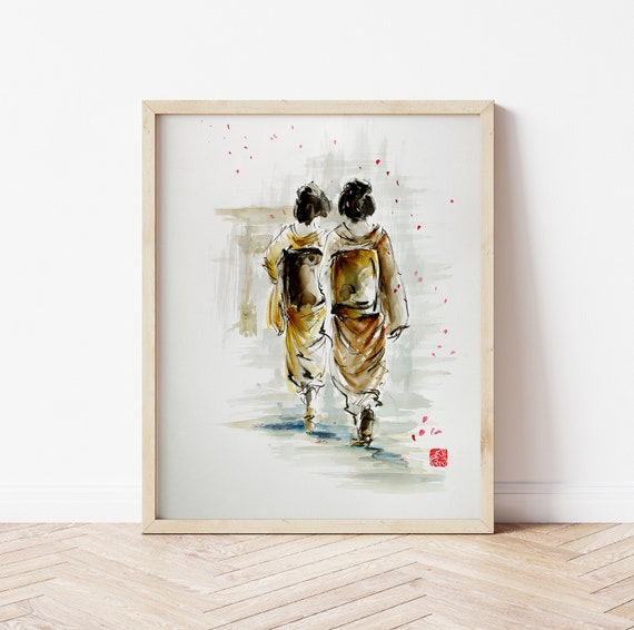 芸者の水彩画アートプリント：日本の壁飾り - Etsy 日本