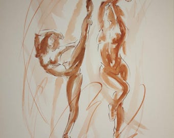 Original Watercolor Dance Painting – Minimal Nude Figure Art – Expressive Female Movement – Modern Wall Decor