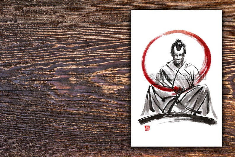 Samurai fine art, samurai painting, black white red giclee art print, japanese ink painting, zen painting, zen art Father's Day Gift Idea image 3