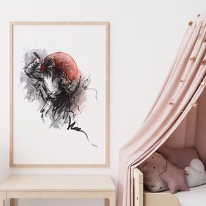 May include: A black and white ink drawing of a ninja figure with a red sun behind them. The drawing is framed and hanging on a white wall.