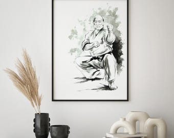 Mas Oyama Karate Ink Painting: Kyokushin Dojo Wall Art