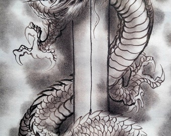 Fierce Dragon on Sword Sumi-e Painting, Japanese Ink Art Masterpiece, Samurai Sword and Dragon, Traditional Japanese Brushwork Wall Art