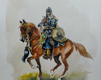 Polish Winged Hussar Watercolor Painting – Historical Cavalry Art Print – Warrior on Horse Artwork – Inspired by Józef Brandt