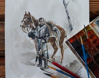 Napoleonic Hussar Watercolor Art – Historical Soldier Painting, Horseman Ink Wash Artwork Inspired Kossak