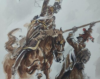 Polish Uhlan Battle Art – Dramatic Cavalry Charge Scene – Historical Military Painting – Original Watercolor Artwork