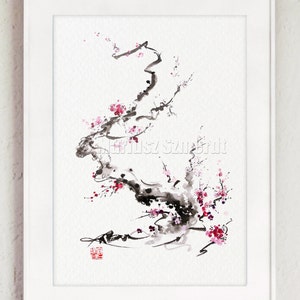 Cherry Blossom Wall Art, Blush Pink Floral Wall Decor, Sakura Watercolor, Minimalist Home Art