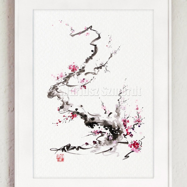 Impresión artística de acuarela de flor de cerezo: lienzo floral de estilo japonés