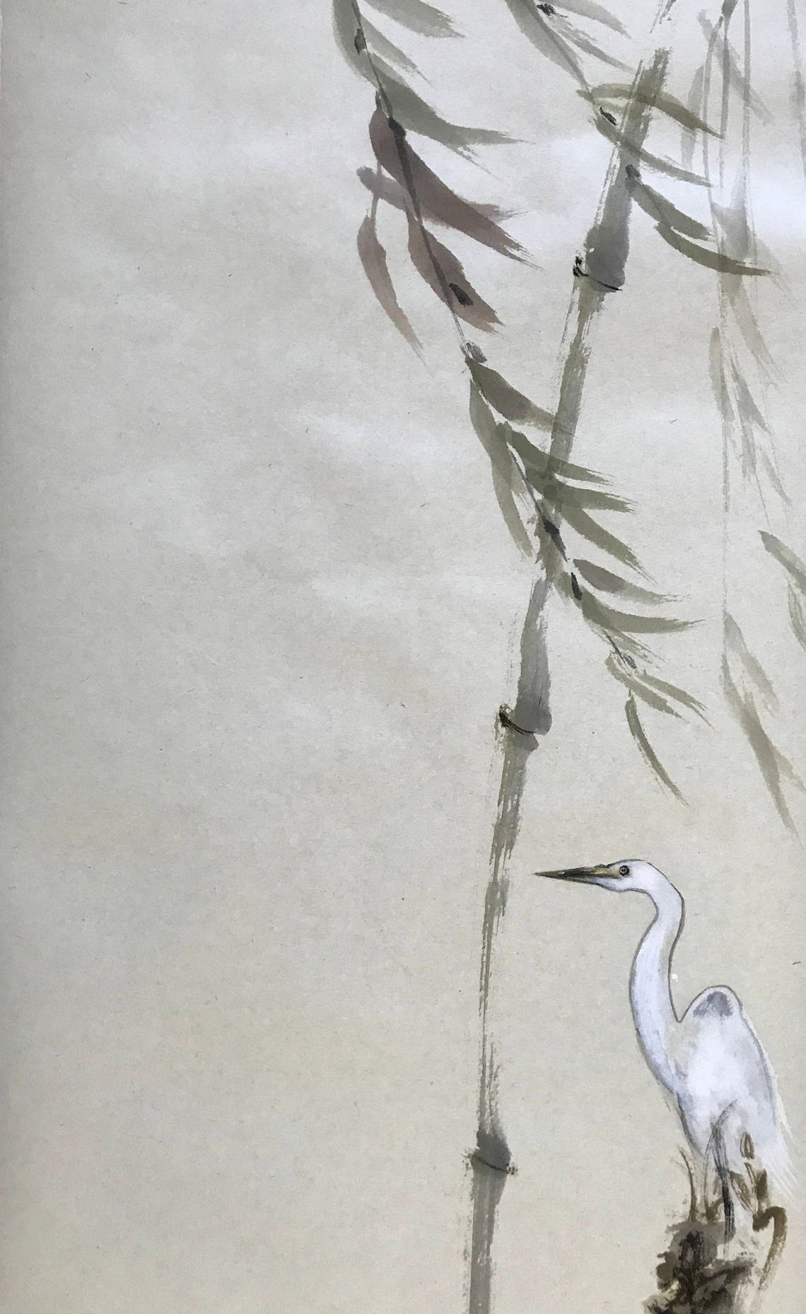 Heron Chinese Ink Painting Bamboo Chinese Watercolor | Etsy