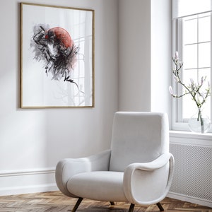 May include: A framed black and white ink drawing of a person in a red circle. The drawing is on a white background and is framed in a light wood frame.