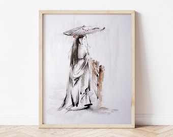 Geisha in Rain Prints, Geisha Posters, Geisha Prints, Asian WomanWall Decor, Geisha Home Decor Father&#39;s Day Gift Idea Father&#39;s Day Gift Idea