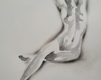 Delicate Female Nude: Ink Watercolor Painting, 11.5x15.7"