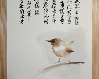 Japanese Bird Watercolor Original Painting – Handmade Art on Paper, Minimalist Ink Wash Wall Decor, Unique Gift for Nature Lovers
