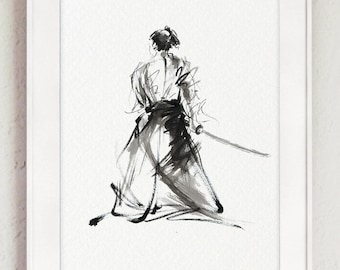 Samurai Art Print, Japanese Decor, Martial Arts Painting, Mens Gift Idea, Warrior Malerei Father&#39;s Day Gift Idea Father&#39;s Day Gift Idea