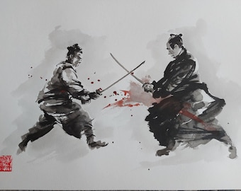 Samurai Battle Ink Art – Sumi-e Warrior Painting, Japanese Martial Arts Wall Decor, Ink Wash Artwork