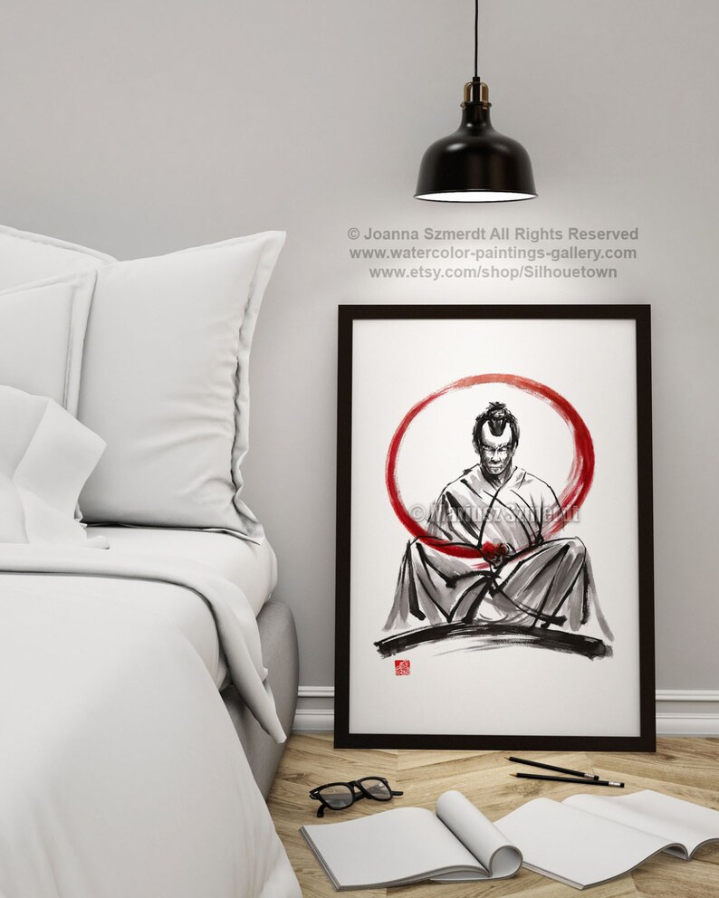 Samurai fine art, samurai painting, black white red giclee art print, japanese ink painting, zen painting, zen art Father's Day Gift Idea image 4