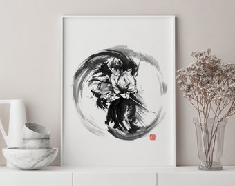 Aikido, Aikido Art Print, Martial Arts Poster, Living Room Decor, Aikido Ink Painting, Japanese Warrior Drawing Father's Day Gift Idea