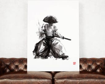 Spirit of Budo, Bushido Code, Samurai warrior, Katana, Watercolor painting, Ronin portrait, Mens print. Father's Day Gift Idea