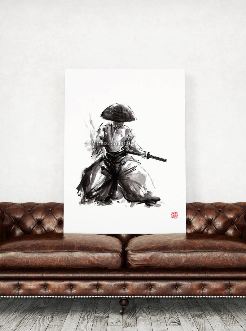 Spirit of Budo, Bushido Code, Samurai warrior, Katana, Watercolor painting, Ronin portrait, Mens print. Father's Day Gift Idea 