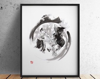 Aikido, Aikido Art Print, Martial Arts Poster, Living Room Decor, Aikido Ink Painting, Japanese Warrior Drawing Father&#39;s Day Gift Idea