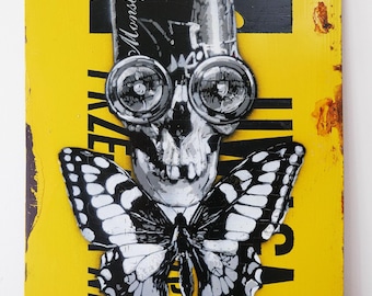 Monstfur Street Art: Gas Mask Skull on Vintage Metal Sign