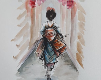 Geisha Wall Art Watercolor – Japanese Ink Painting, Sumi-e Lantern Artwork, Asian Minimalist Decor