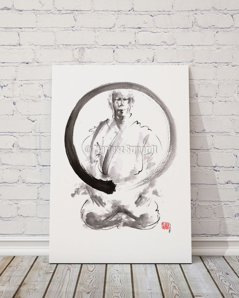 May include: Black and white ink painting of a person in a meditative pose, encircled by a black brushstroke. The artwork is on a white canvas, with a red stamp in the lower right corner. The artist's name is visible.