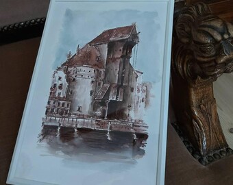 Maritime Watercolor Painting of Gdańsk Crane – European Architecture Wall Art – Baltic Harbor Scene – Polish Cityscape Art (Unframed)