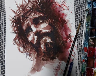 Original Watercolor Jesus Painting – Passion of Christ Art, Religious Wall Art, Christian Spiritual Home Decor