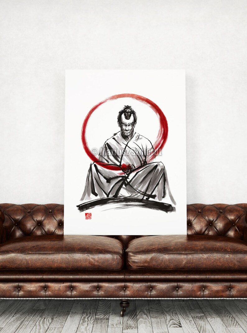 Samurai fine art, samurai painting, black white red giclee art print, japanese ink painting, zen painting, zen art Father's Day Gift Idea image 2