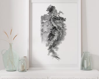 Ink Dragon Poster: Black Japanese Style Art Print