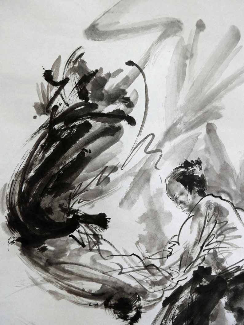 AIKIDO, Original Painting, Handmade Scroll, Sumi-e, Japanese Art, Martial Arts Artwork, Warriors, Samurai, Bushido Father's Day Gift Idea image 3