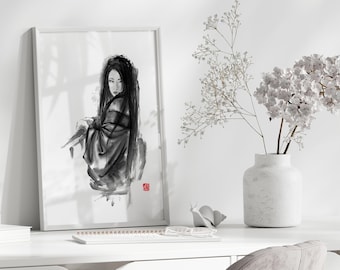 Japanese Geisha Sumi-e Print | Elegant Ink Painting Wall Art | Traditional Japanese Woman Poster | Zen Minimalist Home Decor