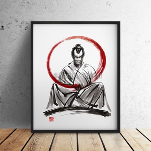 Samurai fine art, samurai painting, black white red giclee art print, japanese ink painting, zen painting, zen art Father's Day Gift Idea image 1