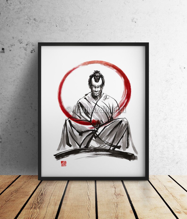 Samurai fine art, samurai painting, black white red giclee art print, japanese ink painting, zen painting, zen art Father's Day Gift Idea image 1