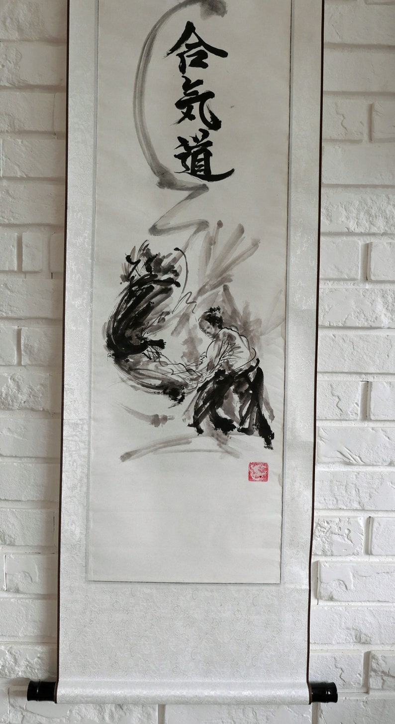 AIKIDO, Original Painting, Handmade Scroll, Sumi-e, Japanese Art, Martial Arts Artwork, Warriors, Samurai, Bushido Father's Day Gift Idea image 2