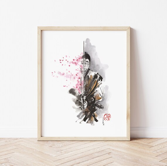 Samurai Cherry Blossom Art Print: Bushido Painting