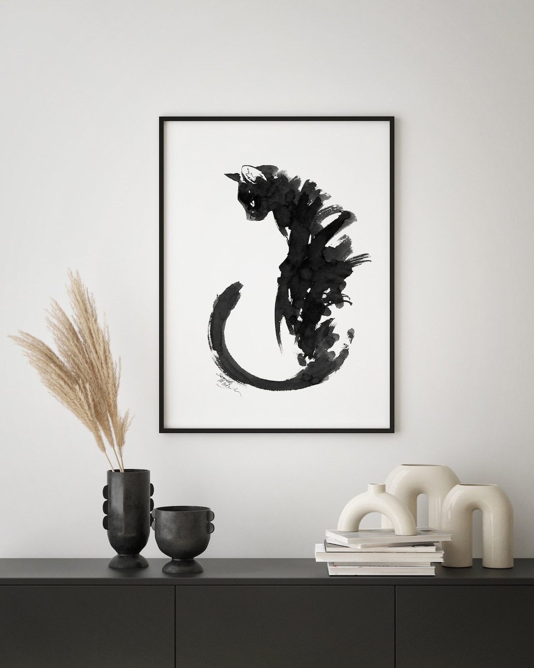 Abstract Black Cat Ink Art Print: Minimalist Zen Home Decor - Etsy