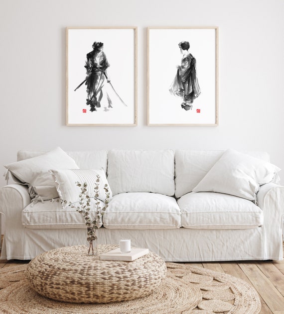 Samurai and Geisha Poster Set of 2 Surreal Abstract Japanese Style Wall  Decor Art Father's Day Gift Idea Father's Day Gift Idea 