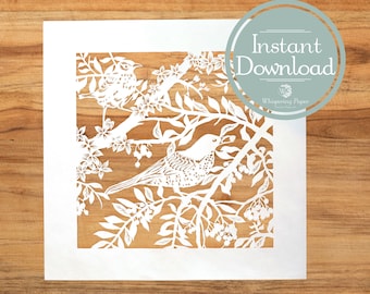 Papercut template Vogels in boom - DIY Papercut - Papierknipkunst om zelf te snijden - Vogel in takken
