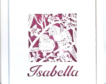 Framed Tropical Birds Papercut – Personalized Baby Name Art