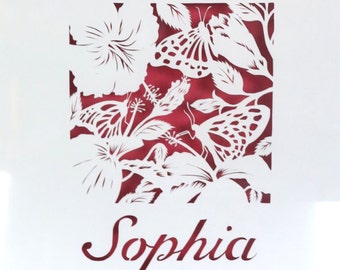 Unframed Tropical butterflies personalised papercut - Paper cut art baby name - Butterfly handcut paper cut personalised - Baby girl boy
