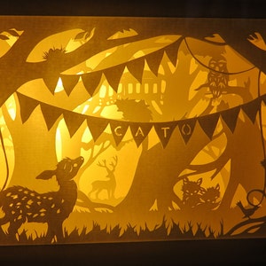 Machine cut Papercut nightlight details hand cut Paper cut out diorama Paper cut art nursery lightbox shadowbox Nursery lighting image 1