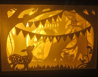 Papercut Nursery Night Light – Forest Animal Diorama, Personalized Shadowbox