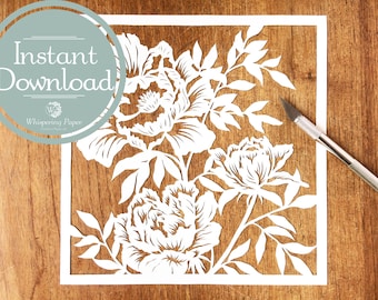 Papercut template Peonies Digital file - DIY papercut flower - diorama papercutting - INSTANT DOWNLOAD - Do it yourself paper cutting