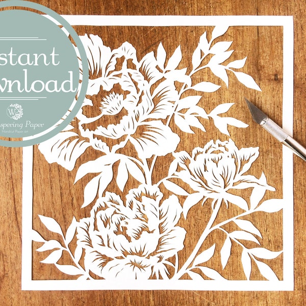 Papercut template Peonies Digital file - DIY papercut flower - diorama papercutting - INSTANT DOWNLOAD - Do it yourself paper cutting