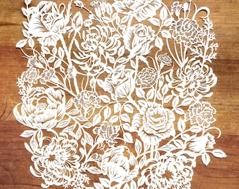 Lasercut romantic flowers -  Reproduction of an original handcut papercut - Paper art wall hanging - Modules - Different designs