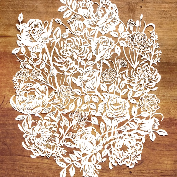 Lasercut romantic flowers -  Reproduction of an original handcut papercut - Paper art wall hanging - Modules - Different designs